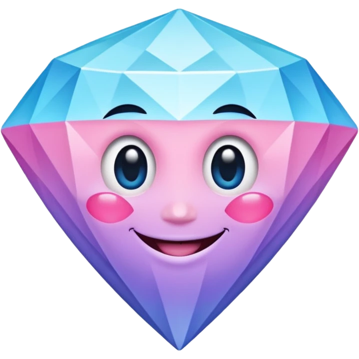 A cheerful diamond logo with a black outline and a smiling face, set against a pastel gradient of pink, blue, and lavender. Smaller diamonds surround it, forming a larger diamond pattern. Playful yet sleek, perfect for branding, digital media, or a fun, eye-catching emblem. emoji