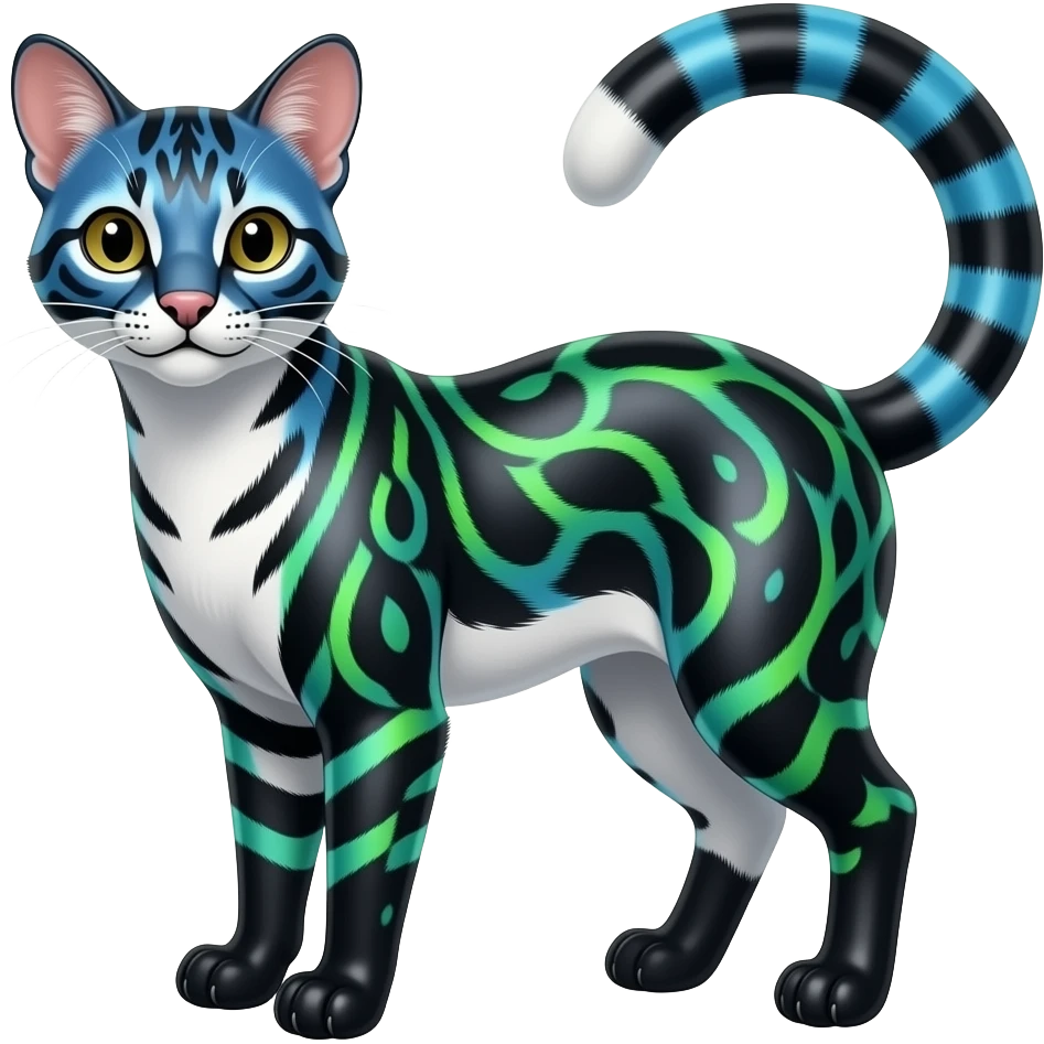 Colorful shiny realistic silky smooth glossy tropical thin exotic beautiful lanky gradient-colored cobalt-blue-obsidian-black-neon-green-gradients, with white underside, iridescent glorious civet-genet-Cacomistle-oncilla-animal-hybrid with pattern markings (full body) emoji