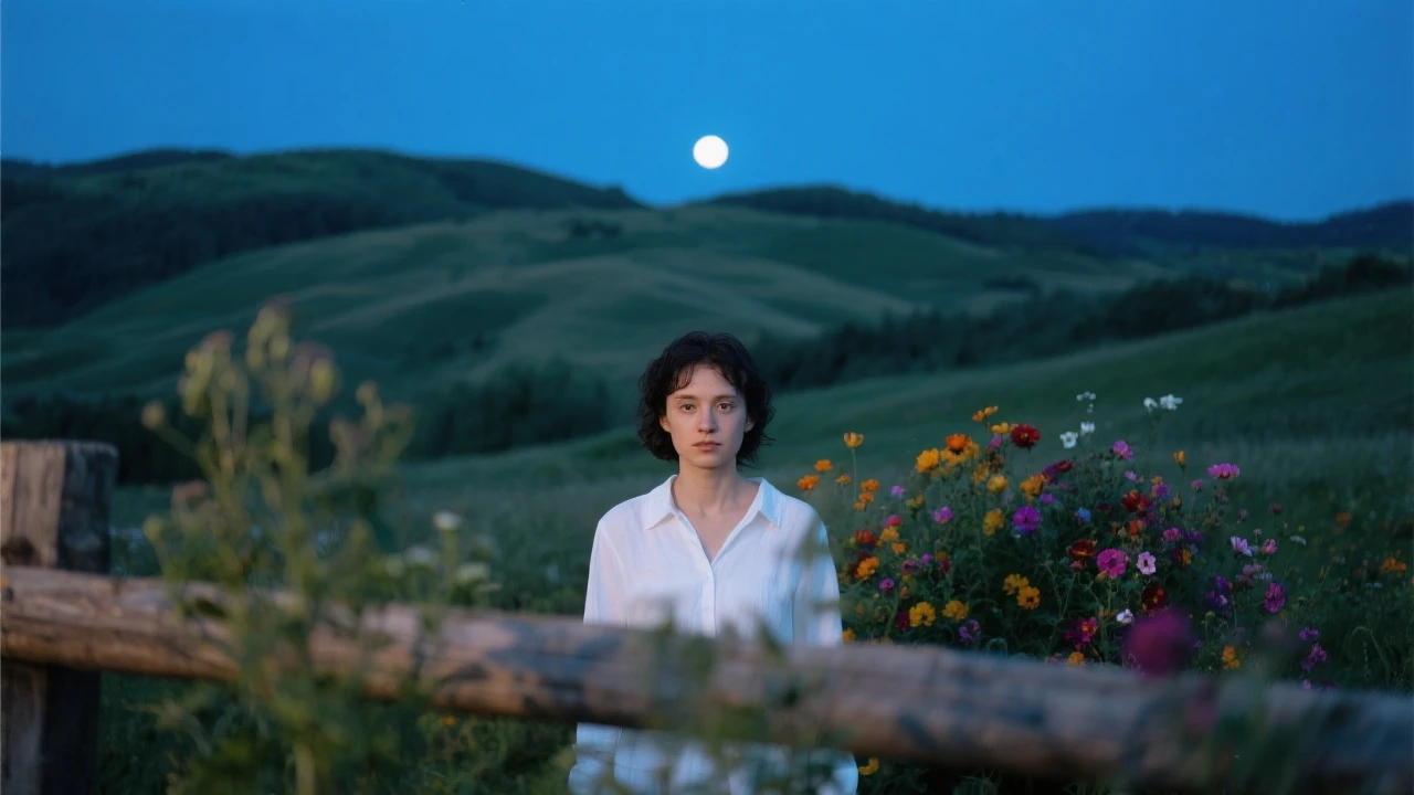 A portrait of a white person in the foreground, blurred plants in the foreground, a wooden fence and colorfull flowers in the midground, rolling hills in the background, cinematic depth of field, layered composition, moon back light (Blue night) emoji