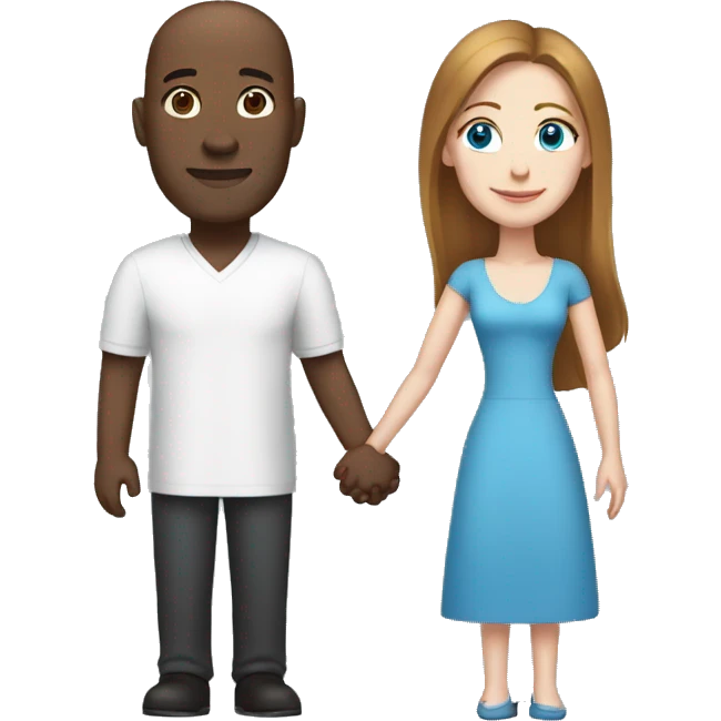 Tall bald black man holding hands with a white woman with long brown-hair and blue eyes emoji