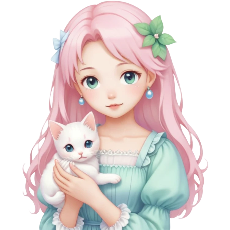  gorgeous-pastel-anime-style-lady-with-blushing-face-and-holding-a-white-kitten-cottagecore-fairycore-pastelcore-colorful-pearly-romantic-simplistic-aesthetic-trending-style emoji