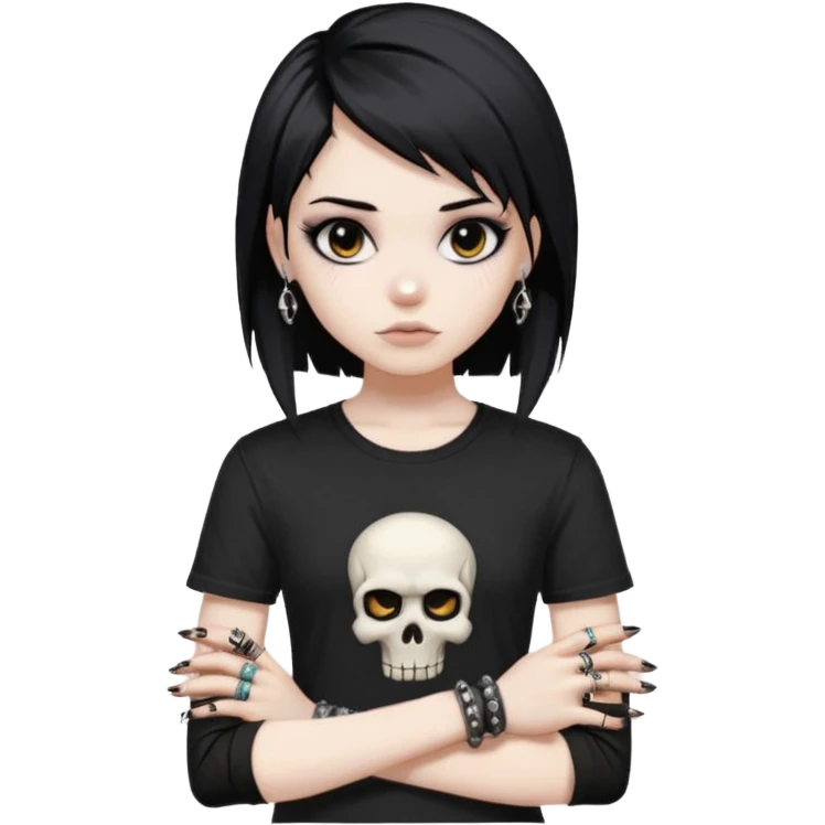 vkei styled black hair, pale skin, brown eyes with eyeliner (emo looking) and black shirt with skull and punk bracelets emoji