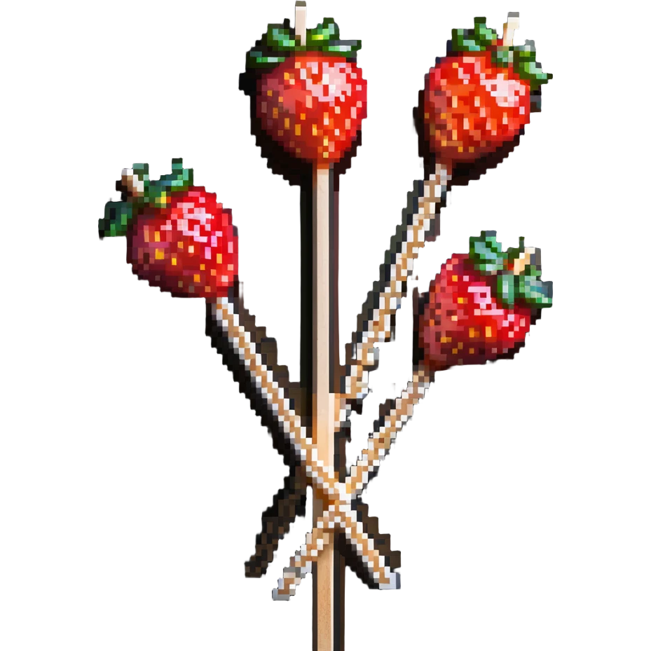wooden skewer with three strawberries coated in shiny sugar glaze emoji