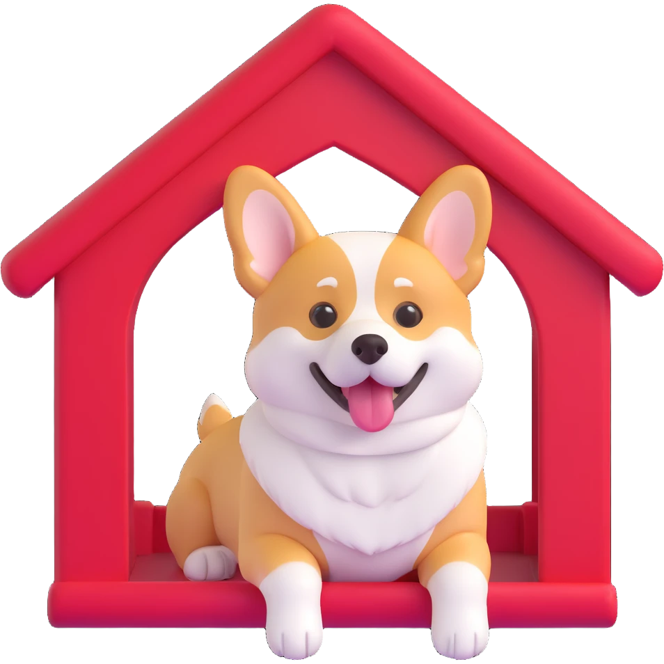 red dog house with a playful and cute Corgi dog inside, clear view of the Corgi, 3D emoji style emoji