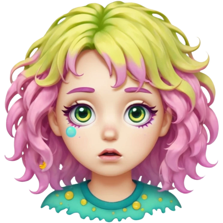 messy, wavy chartreuse hair, with pink specks, bushy eyelashes, and big round eyes, with irises that are teal on the outside and yellow on the inside while making a pouty face saying pay attention to me in bubble words emoji