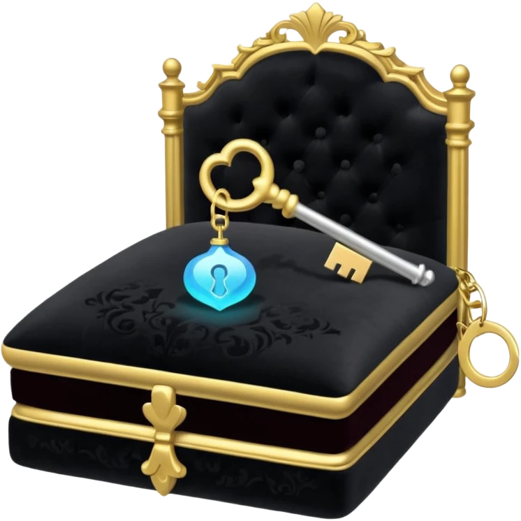 A Discord emoji of a black velvet cushion holding a glowing silver key. Ornate, royal gothic style, simple and clean for small scale, white background. emoji