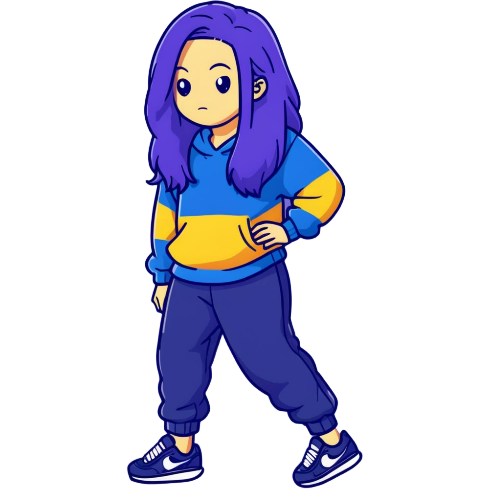 female with slim hourglass shaped body, purple long hair, wearing a blue sweater, dark blue sweatpants, and black sneakers, full body view emoji