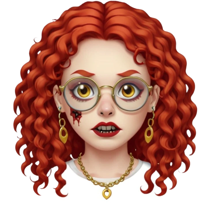 zombie with long red curly hair, thick lashes, black glasses, gold nose piercings on each nostril, and a gold eyebrow piercing. emoji