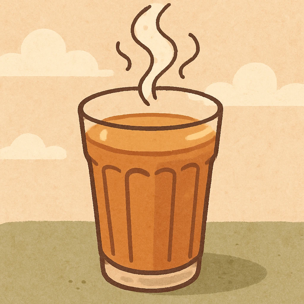 cartoon style illustration of a glass of karak tea, with steam rising, warm colors, inviting and cozy feel emoji