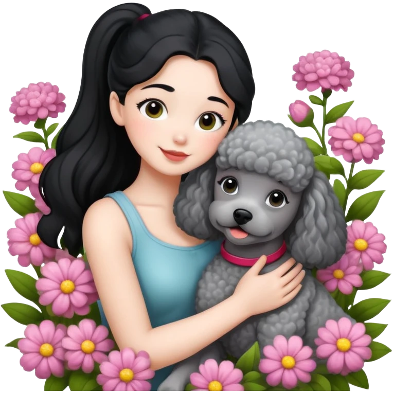 A beautiful girl with black ponytail happily hugs a gray poodle in the flowers emoji