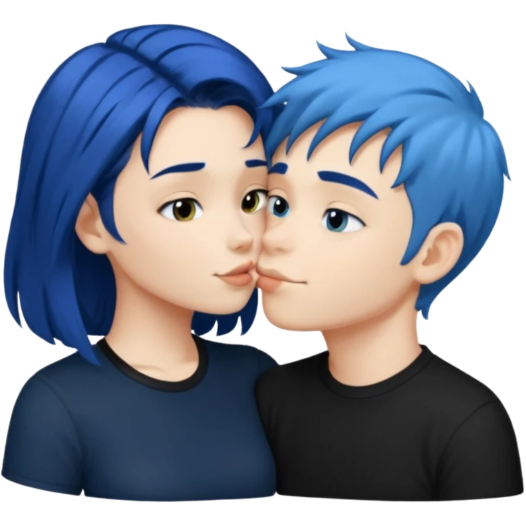 Loving dark Blue hair girl kissing blue hair boy both wearing black shirts emoji