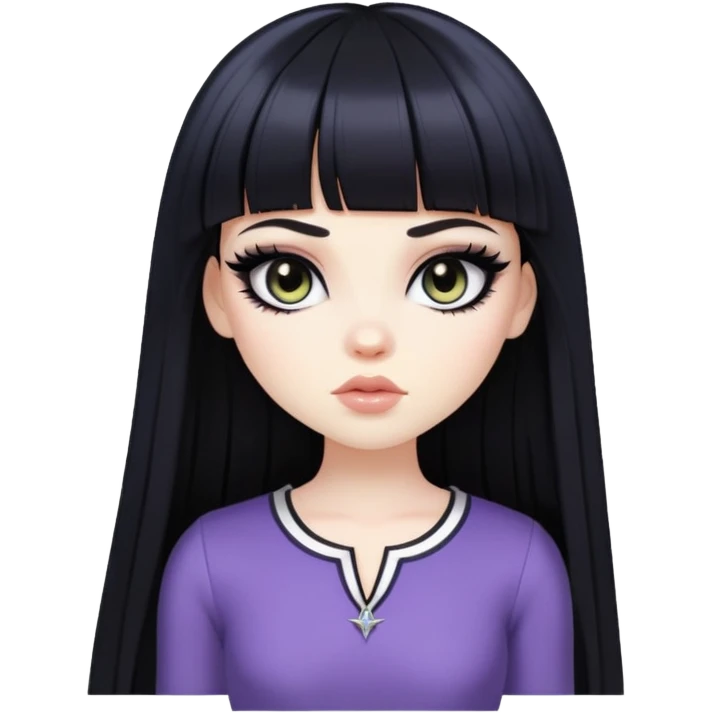 straight black long bangs hair, pale skin, dark black iris, pretty bratz baddie, strong black eyeliner emoji