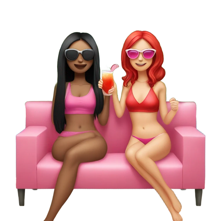Two girls. One of them with long black hair, sunglasses on, red swimming suit, another one is short red hair, pink swimming suit, both drink cocktails and laying on the outdoor couch. Both a white skin emoji