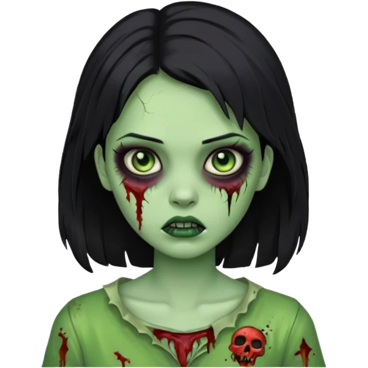 Menina zumbi com cabelo preto médio e verde e zumbi emoji