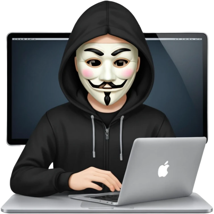 guy fawkes mask black hoodie typing on macbook emoji