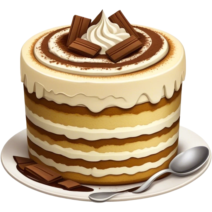 Tiramisu Cinematic Realistic Tiramisu Dessert Emoji, depicted as a delightfully messy, layered tiramisu with coffee-soaked sponge and mascarpone cream, rendered with rich textures and warm, indulgent lighting. emoji