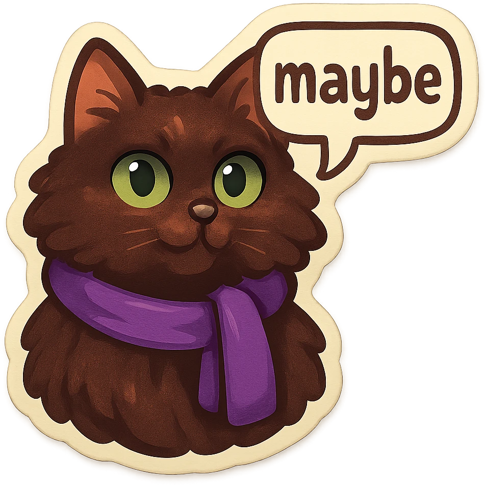 Fluffy dark-brown cat with green eyes and a purple scarf saying ‘maybe’ (with a speech bubble) emoji