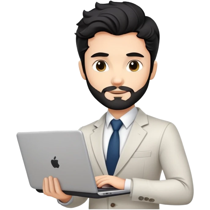 Professional 35-year-old man with black wavy hair, stubble, strong jawline, white skin tone, wearing smart casual business attire, holding a laptop, with a confident approachable expression emoji