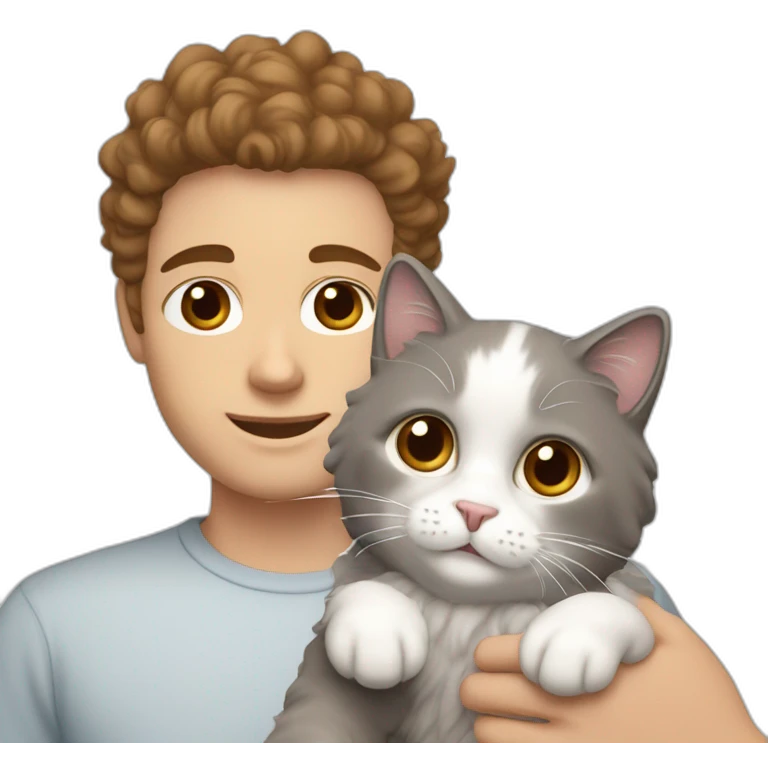 White man with brown curly hair, brown eyes, thick eyebrows, sharp jawline, bigger nose holding white and grey Ragdoll cat emoji