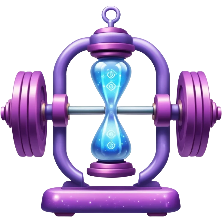 Mystical gym equipment with enchanted dumbbells, magical weight plates, and ethereal one-hour timer surrounded by energy aura and sparkles emoji