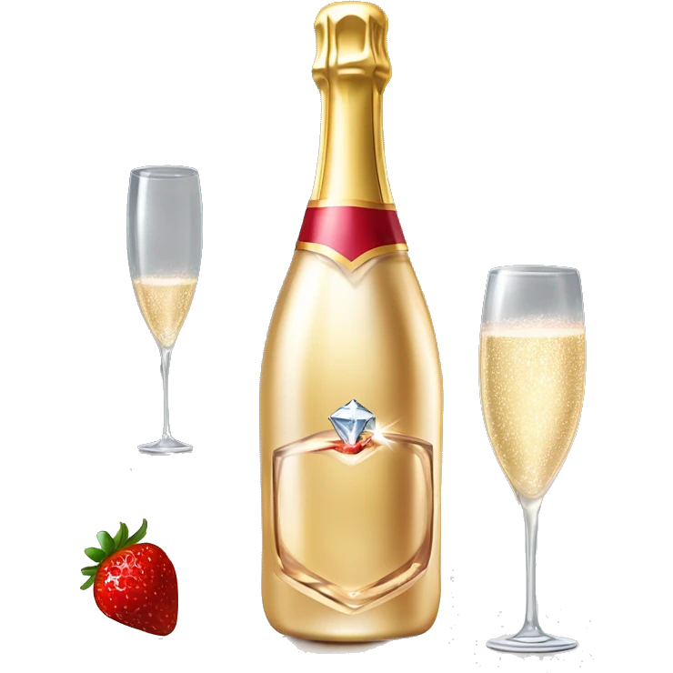 Realistic sparkling diamond glam bottle of champagne with matching skinny glass filled with the champagne with strawberry in the bottle of glass. emoji