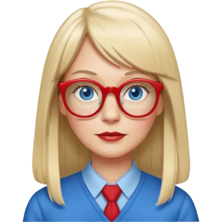 45 yr old white woman, pale skin, long straight blond hair parted in center, blue eyes, bangs, clothes for school, big red glasses emoji
