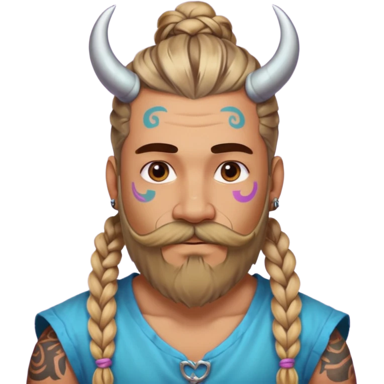 big lose braids starting from the top sides of the head hair like a unicorn man with mustache face wiith big visible loose only two braids and lots and lots of colored face tattoos colored tattoos like a tattoo artist hair unique color and beard viking  emoji