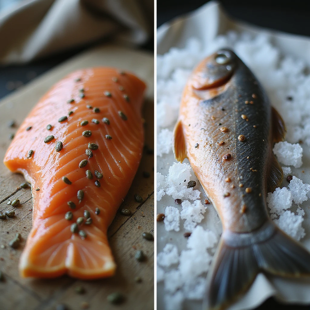 educational image showing on the left raw salmon with visible parasites, on the right the same salmon after blast chilling with parasites neutralized, realistic 4K style emoji