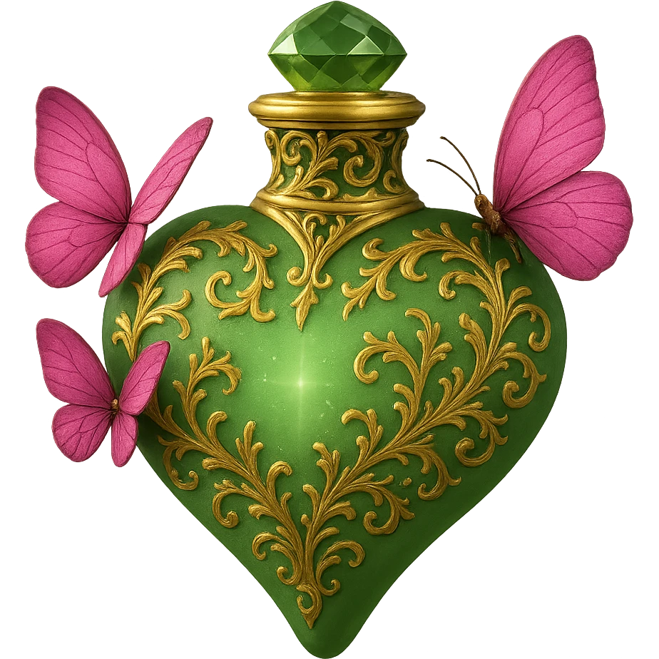 Enhance the green bottle with gold details and pink butterflies in a matte glass style. Keep the overall shape and colors, making the design cleaner and more elegant, with sharper and more detailed features. emoji