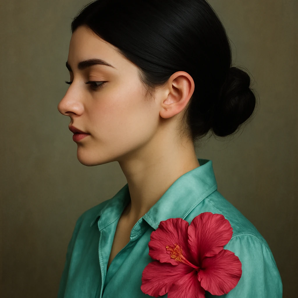 portrait of a black-haired girl with a neat low bun and side hair, face in profile, wearing a light sea blue silk shirt, adorned with a dark pink hibiscus flower emoji