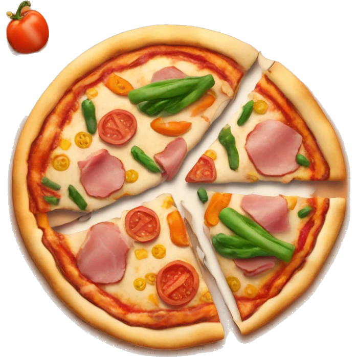 Pizza with vegetables, ham, chicken and hot sauce emoji