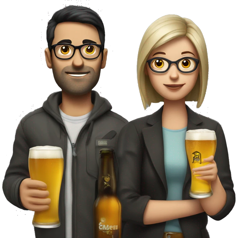Man with straight short hair with glasses and stub. Woman with straight dark hair with glasses with beers in hand in Berlin  emoji