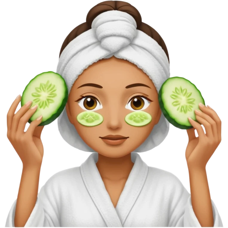 woman at the spa with cucumbers slices covering her eyes and tan skin tone with towel completely covering hair and robe on emoji