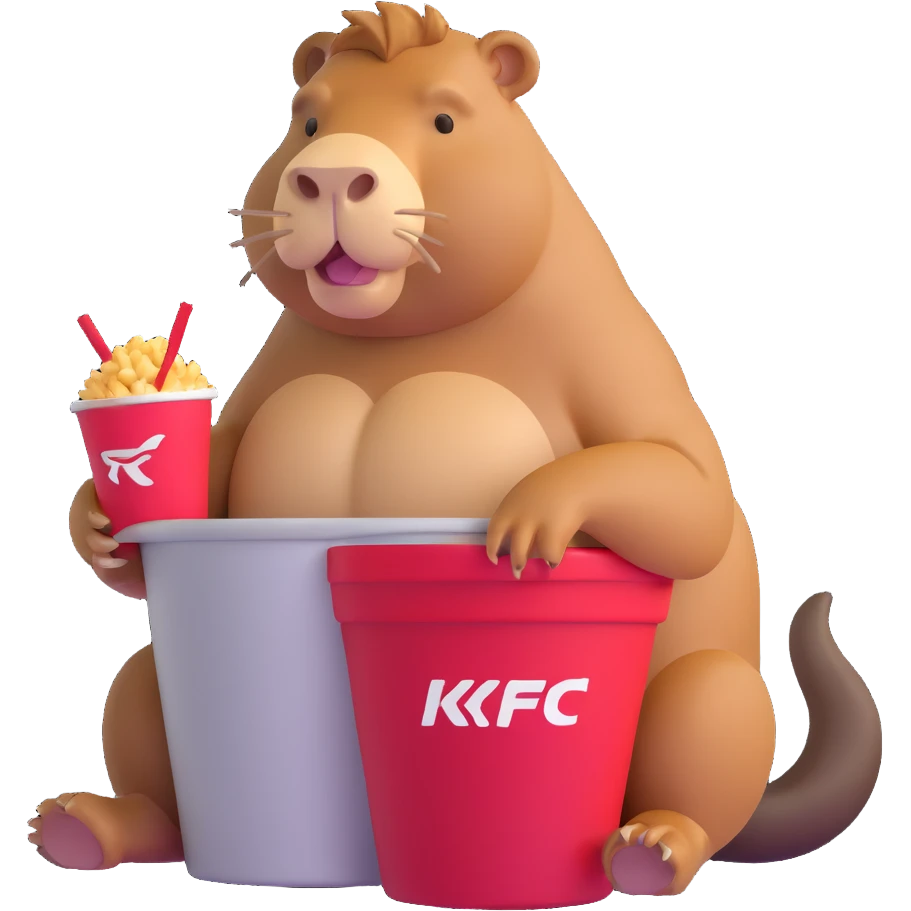 Muscular capybara with bulging muscles sitting in a KFC bucket emoji