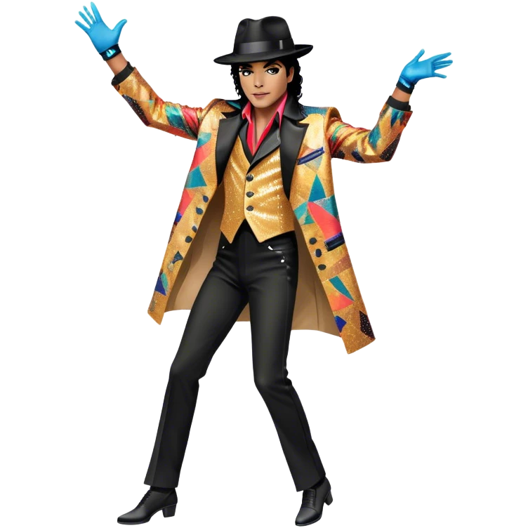Icon for R&B Music: Michael Jackson in full body, wearing a bright, recognizable costume—sparkling jacket, black fedora, and signature glove. He is in a dynamic, energetic pose, with musical notes and abstract patterns surrounding him. Transparent background. emoji