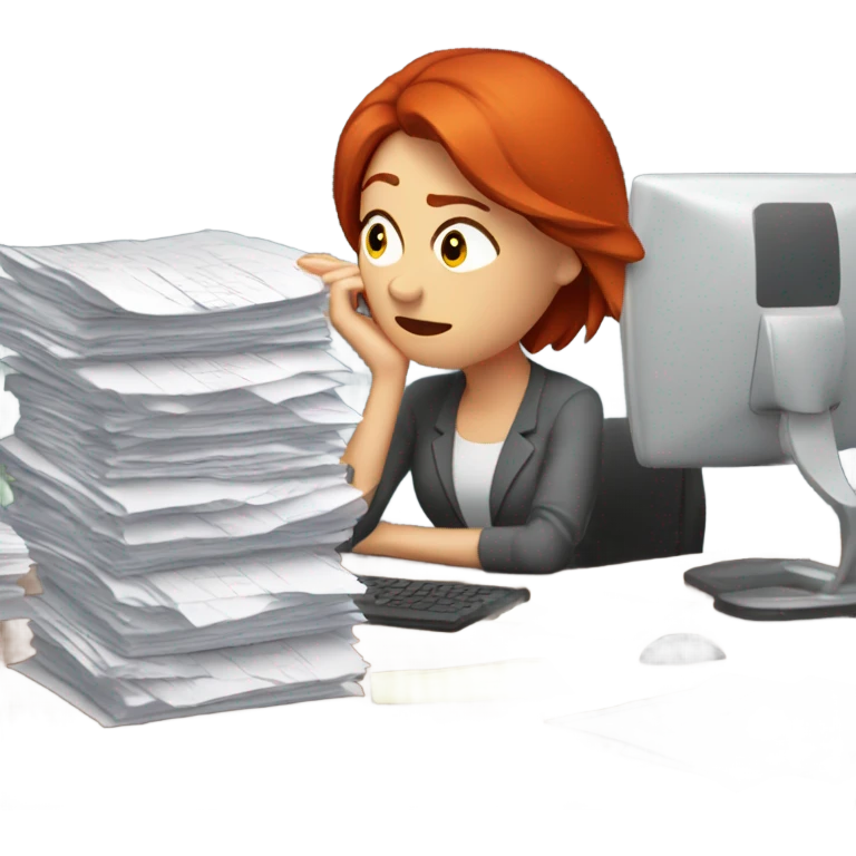 red hair woman frustrated desk monitor stack paper emoji