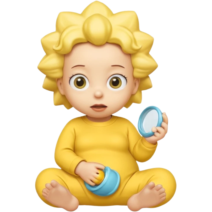 A 3D cartoon baby character fully yellow skin, styled like Maggie Simpson, with pacifier, yellow onesie, big eyes, smooth shading, Memoji-style rendering, consistent with other yellow Simpsons characters. emoji