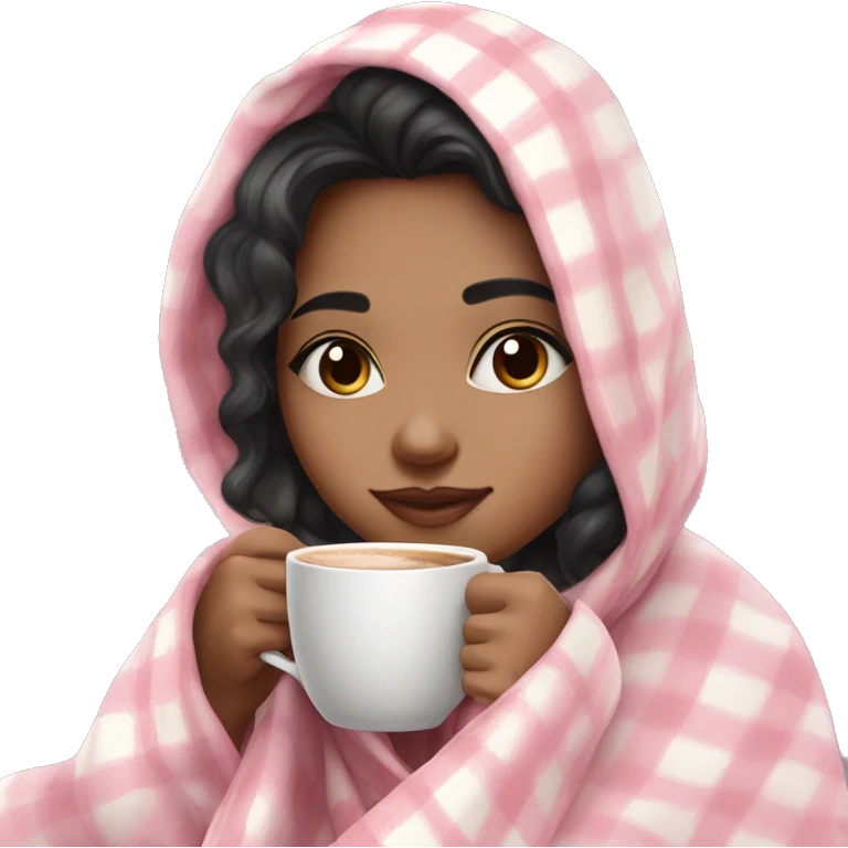 A cute black hair girl wrapped in pastel pink plaid blanket drinking coffee emoji
