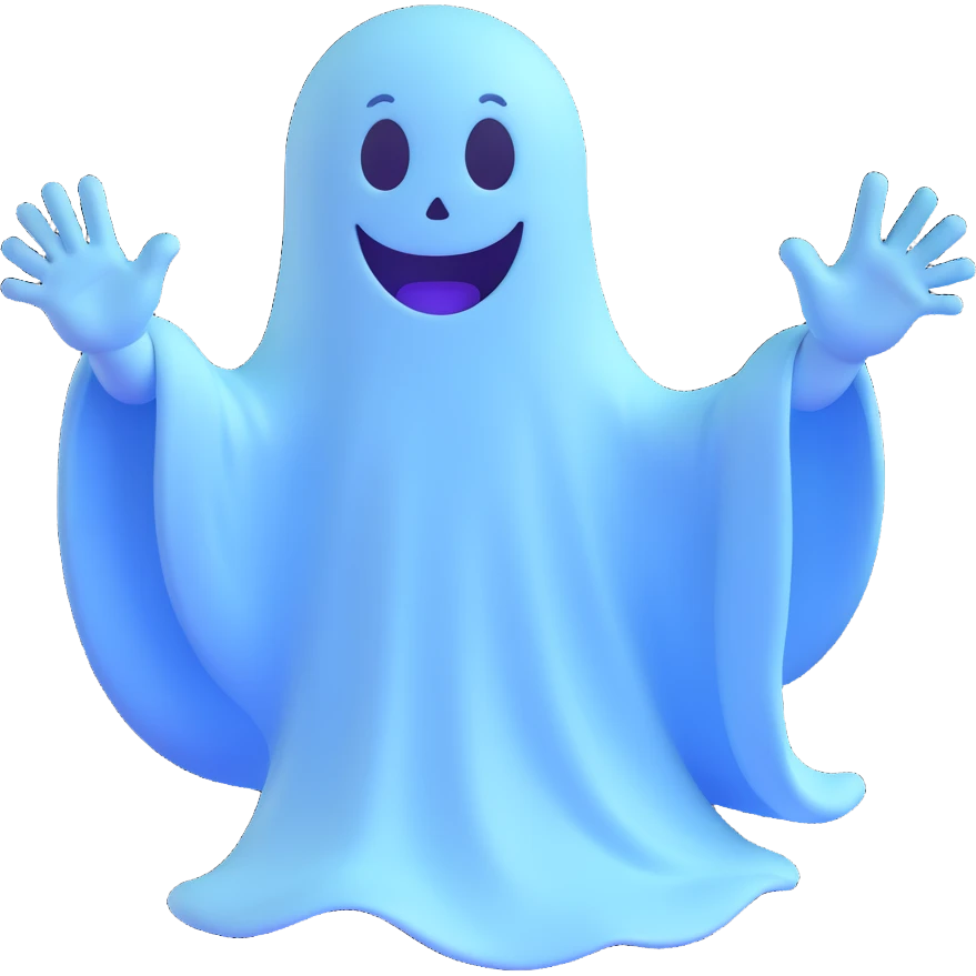 cartoon ghost, smiling, waving, light blue tint, playful style emoji