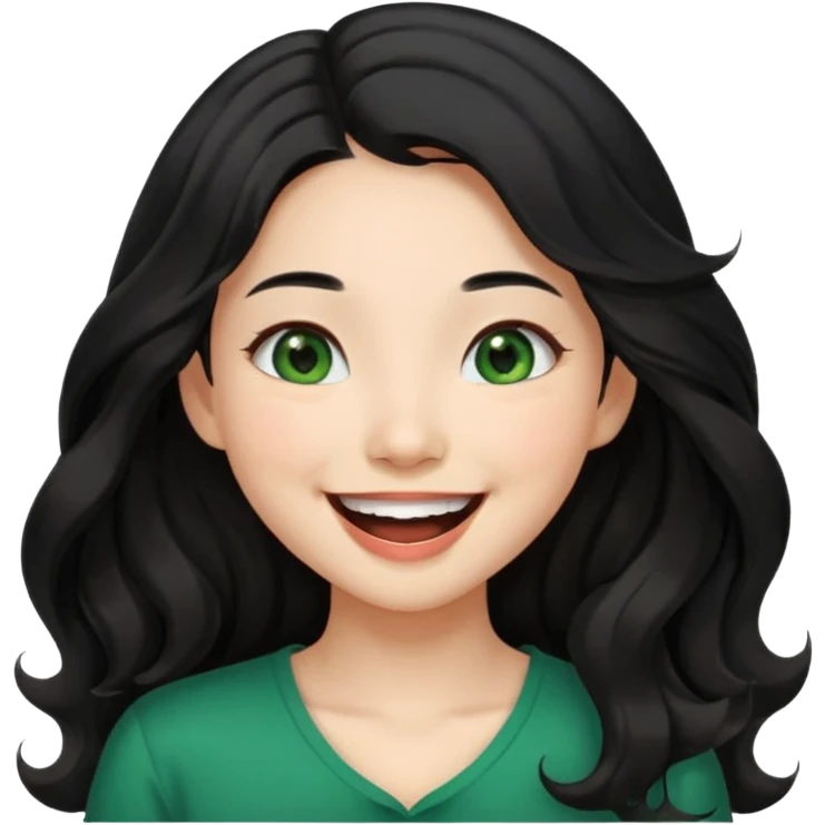 Beautiful Asian girl with long black hair. Beautiful girl with wavy brown hair and green eyes. Laughing together.  emoji