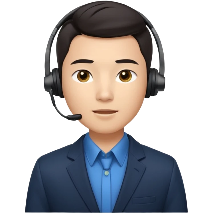 A young Asian man with smooth light skin, dark hair that swoops upward in the front, expressive eyes, a clean-shaven face, and a call-center style headset over one ear, usually paired with a crisp shirt and suit jacket visible from the chest up. emoji