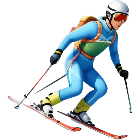 An icon featuring snowy peaks, pine trees, and a picturesque mountain landscape with a skier racing down a snow-covered slope, The sky is blue with soft clouds, capturing the thrill and beauty of alpine skiing. Transparent background highlights the excitement and serenity of winter sports. emoji