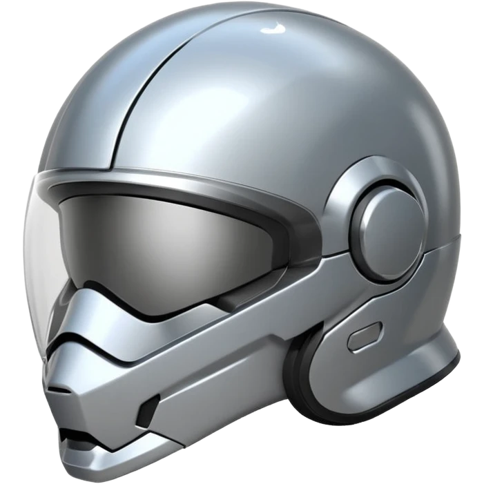 A futuristic helmet emoji made of silver chrome, smooth aerodynamic shape, minimal visor detail, reflective metallic surface, sci-fi aesthetic, iOS emoji style, centered on clean white background emoji