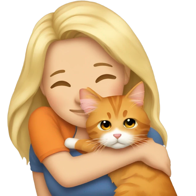 Blonde girl hugging her orange maine coon with a heart around them emoji