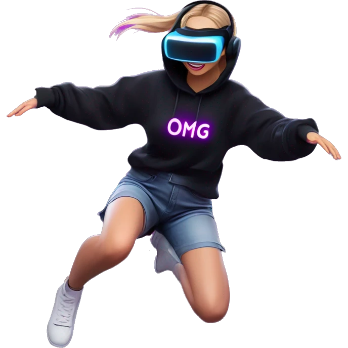 Russian girl wearing black hoody with violet letters "OMG", in vr headset oculus quest2. jumping. Cyberpunk style. Violet neon. emoji
