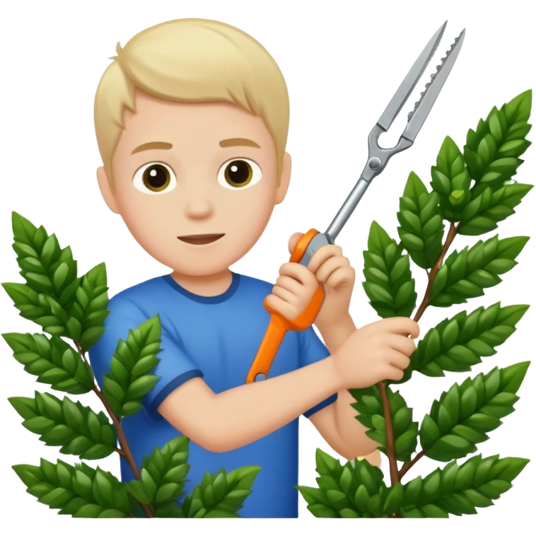 white kid trimming a decorative bush emoji