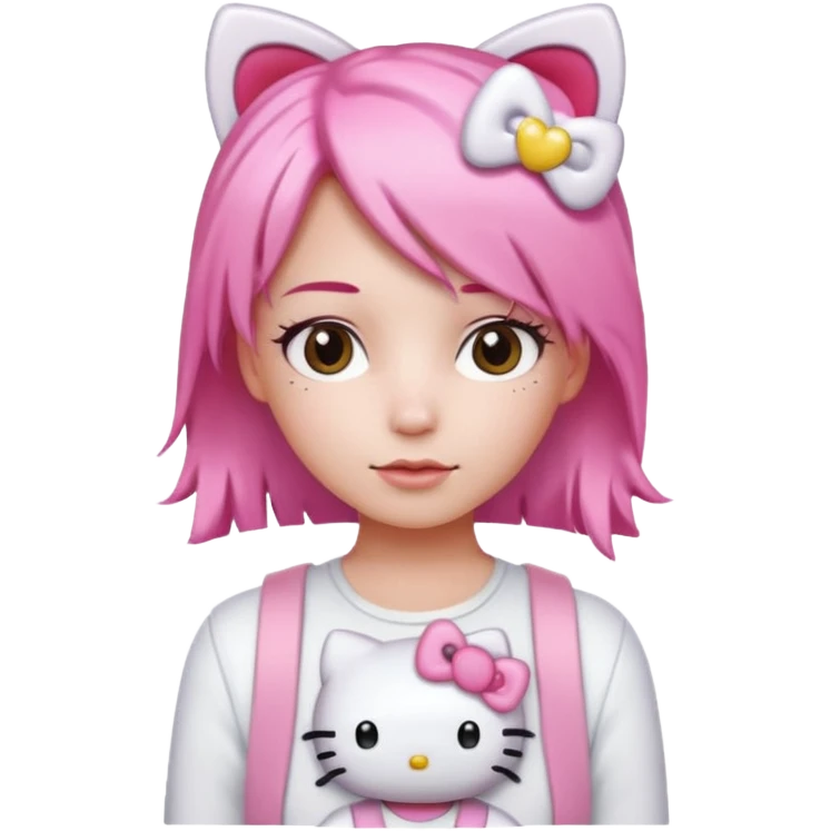 Female pink hair Wearing white and light pink clothing with hello kitty accessories emoji