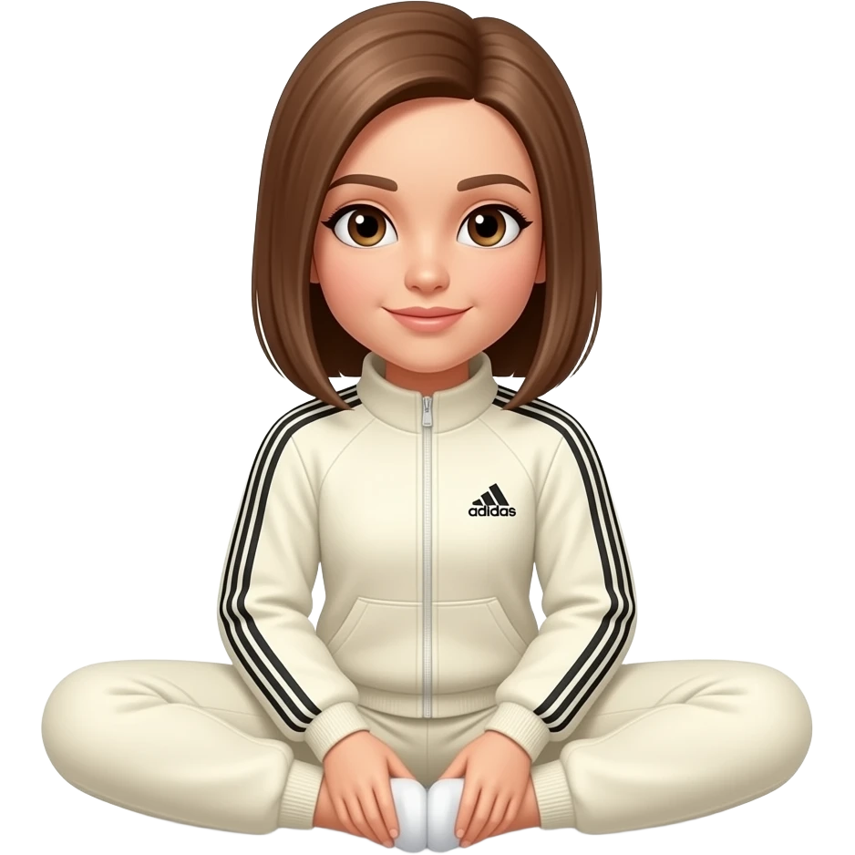 Light, light brown straight hair parted to one side, brown eyes, straight hair, cream adidas track suit doing the splits gif emoji