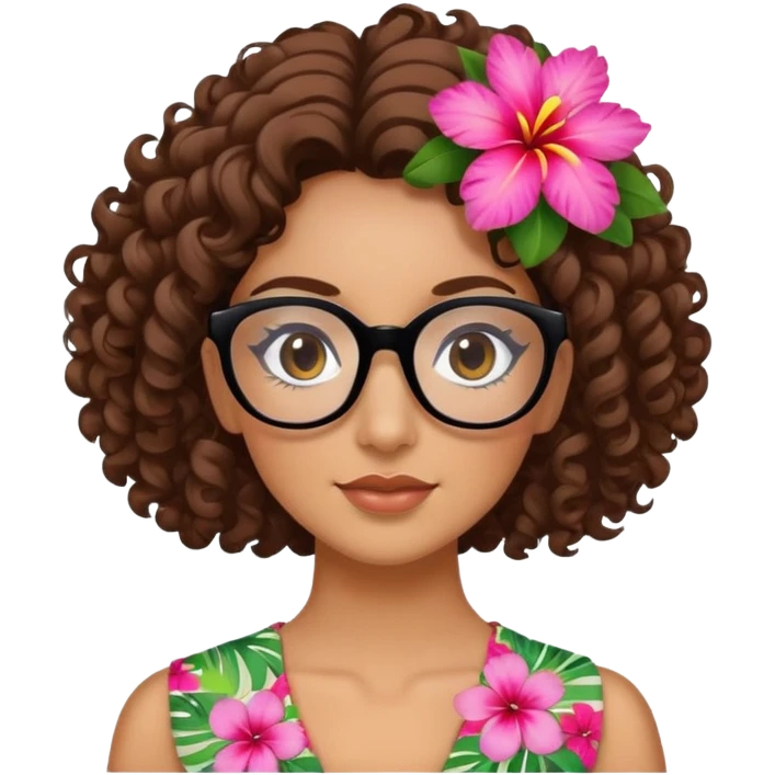 Chica rizada con cabello café, con pestañas y lentes negros, con una flor hawaiana con el cabello al lado emoji