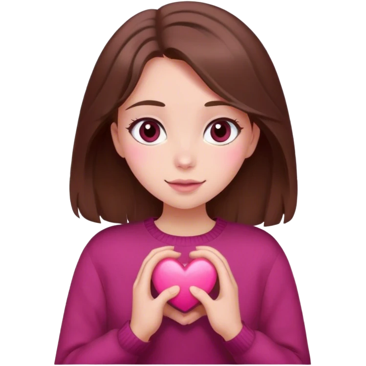 A girl with brown hair smiles, gray eyes, wearing a burgundy sweater, holding a pink heart in her hands emoji